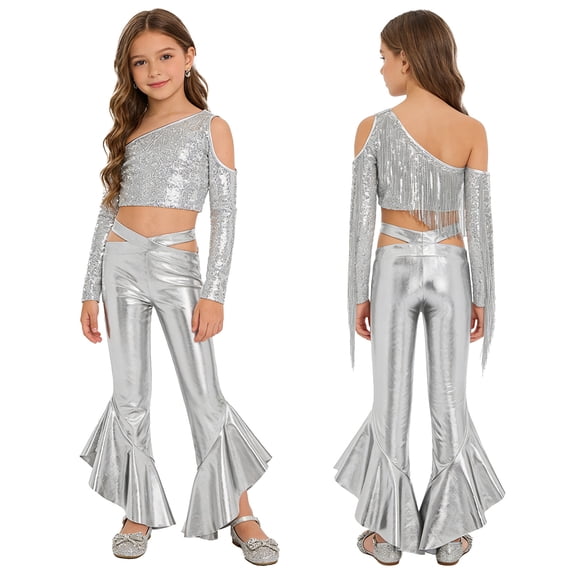 YiZYiF Girls Sequin Tassel Crop Top and Metallic Flared Pants Shiny Rave Party Shows Jazz Disco Dance Outfit Set Silver 14