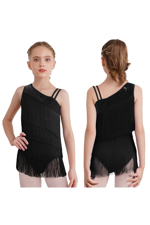 Girls Sequin Tassel Latin Dance Dress Oblique Shoulder Sleeveless Dancing Show Fringe Leotard Black 6