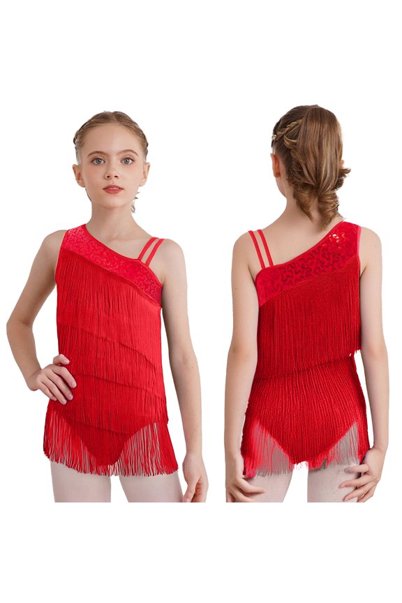 Girls Sequin Tassel Latin Dance Dress Oblique Shoulder Sleeveless Dancing Show Fringe Leotard Red 6