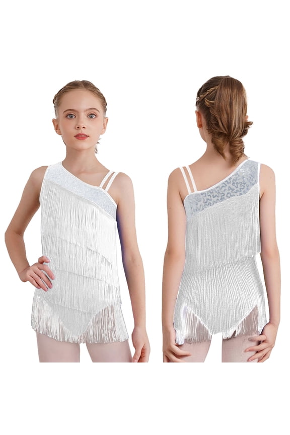 Girls Sequin Tassel Latin Dance Dress Oblique Shoulder Sleeveless Dancing Show Fringe Leotard White 10