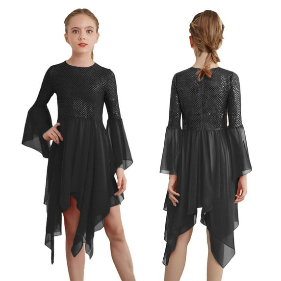 YiZYiF Girls Sequins Liturgical Praise Dance Dress Flared Sleeve Irregular Hem Worship Tunic Black 14