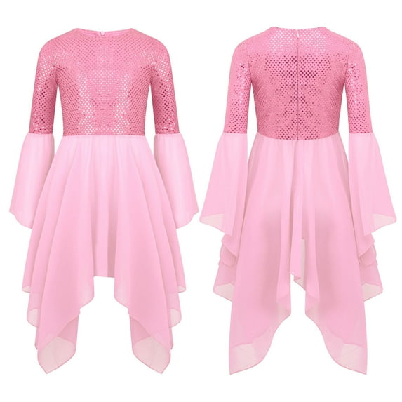 YiZYiF Girls Sequins Liturgical Praise Dance Dress Flared Sleeve Irregular Hem Worship Tunic Pink 8