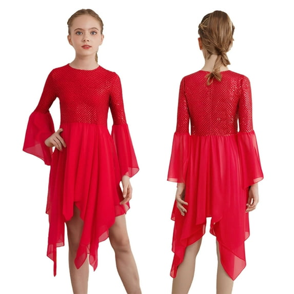 YiZYiF Girls Sequins Liturgical Praise Dance Dress Flared Sleeve Irregular Hem Worship Tunic Red 12