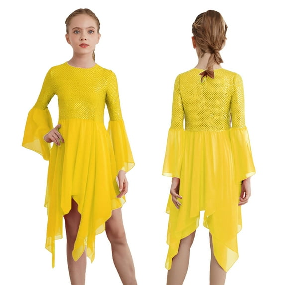 YiZYiF Girls Sequins Liturgical Praise Dance Dress Flared Sleeve Irregular Hem Worship Tunic Yellow 12