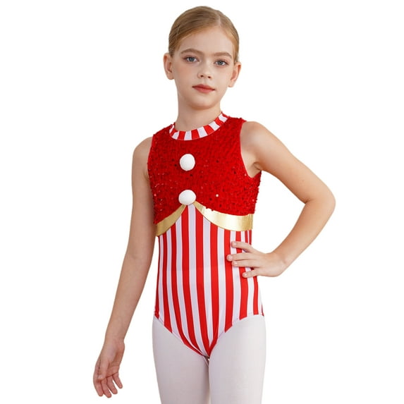YiZYiF Girls Sequins Stripe Gymnastics Ballet Dance Leotard Christmas Santa Elf Performance Bodysuit Red 6