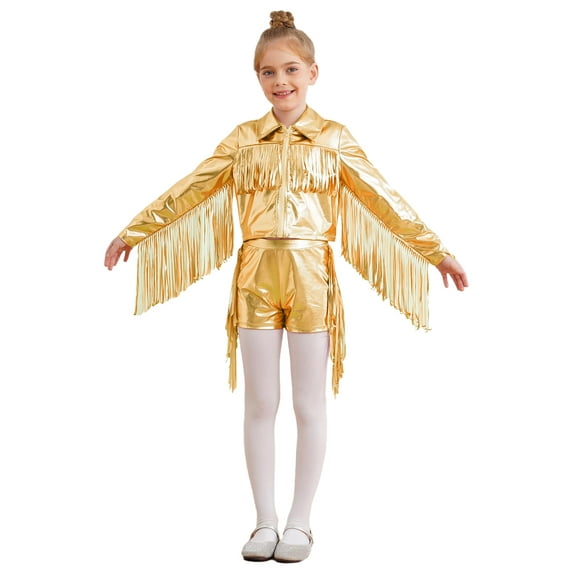 YiZYiF Girls Sequins Tassels Dance Outfits Metallic Zipper Jacket with Shorts Hip Hop Clothes Kids Gold 8