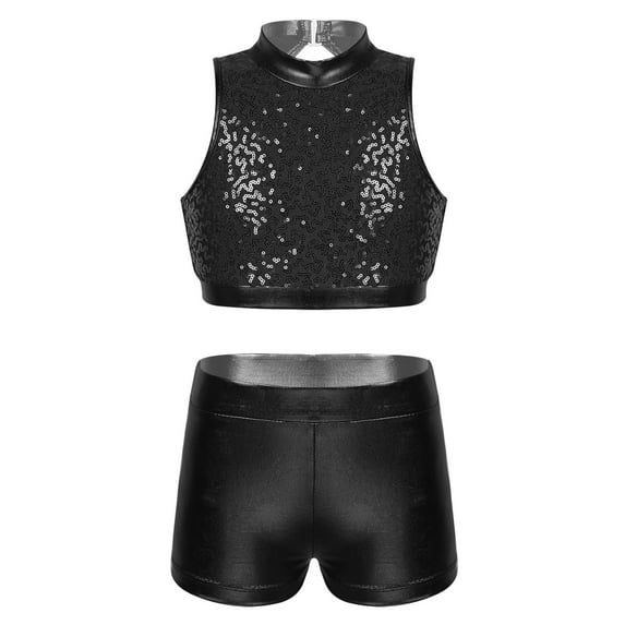 YiZYiF Girls Sequins Two Piece Ballet Dance Outfit Tank Crop Top with Shorts Dancewear Black 6