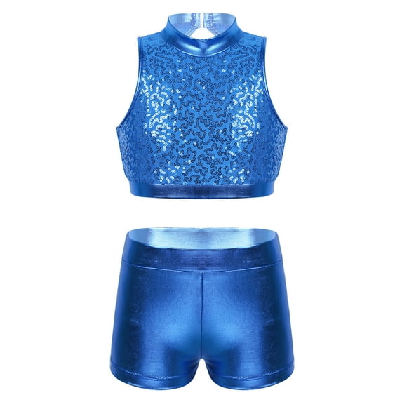YiZYiF Girls Sequins Two Piece Ballet Dance Outfit Tank Crop Top with Shorts Dancewear Blue 8
