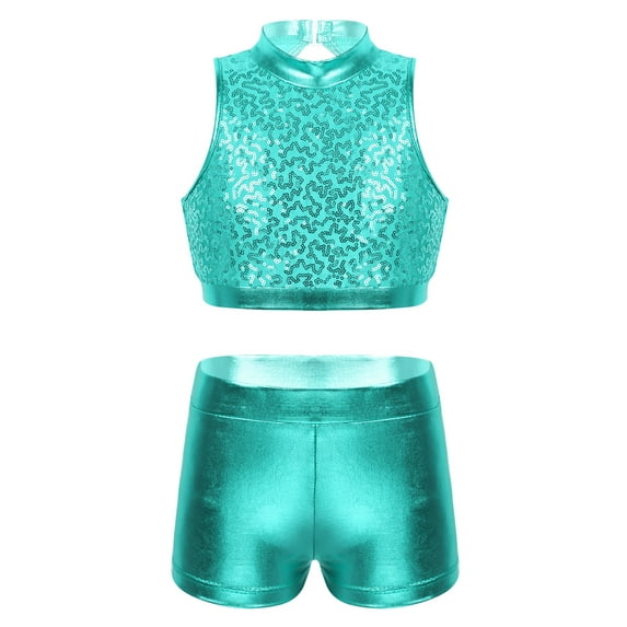 YiZYiF Girls Sequins Two Piece Ballet Dance Outfit Tank Crop Top with Shorts Dancewear Lake_Green 6