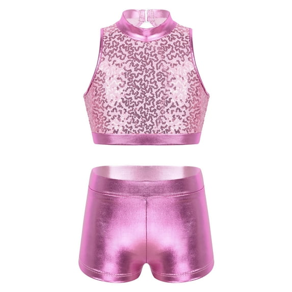 YiZYiF Girls Sequins Two Piece Ballet Dance Outfit Tank Crop Top with Shorts Dancewear Pink 6
