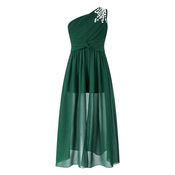YiZYiF Girls Shiny Beaded Party Dress One Shoulder Ruched Jumpsuit Romper Wedding Birthday Evening Prom Gown Green 6