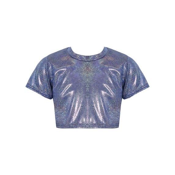 YiZYiF Girls Shiny Dance Top Metallic Short Sleeve Athletic T-shirt Dancewear