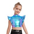 thumbnail image 1 of YiZYiF Girls Shiny Metallic Dance Crop Top Rhinestone Ruffle Cap Sleeve Jazz Hip-Hop Shirts Party Blue 16, 1 of 7