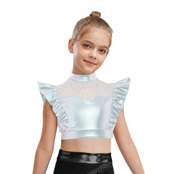 YiZYiF Girls Shiny Metallic Dance Crop Top Rhinestone Ruffle Cap Sleeve Jazz Hip-Hop Shirts Party Silver 8