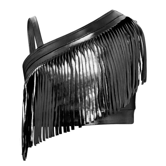 YiZYiF Girls Shiny Metallic Fringe Tassel Crop Top Music Festival Rave Party Jazz Latin Dance Vest Black 14