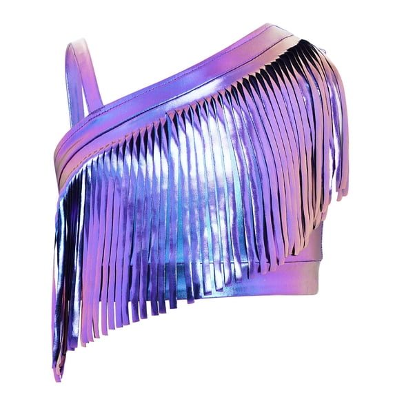 YiZYiF Girls Shiny Metallic Fringe Tassel Crop Top Music Festival Rave Party Jazz Latin Dance Vest Blue 14