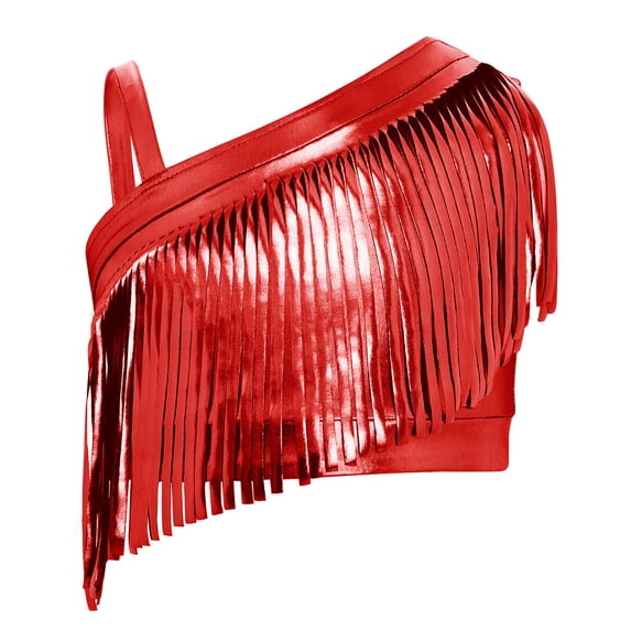 YiZYiF Girls Shiny Metallic Fringe Tassel Crop Top Music Festival Rave Party Jazz Latin Dance Vest Red 14