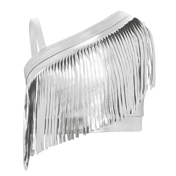 YiZYiF Girls Shiny Metallic Fringe Tassel Crop Top Music Festival Rave Party Jazz Latin Dance Vest Silver 8