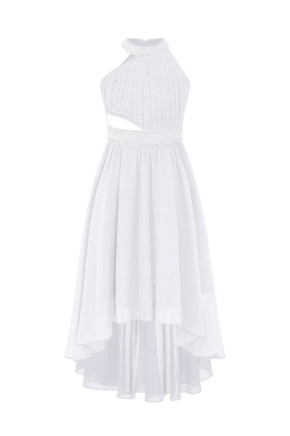 Girls Shiny Rhinestone Party Dress Sleeveless Ruched Bodice High-Low Dress for Wedding Birthday Party White 6