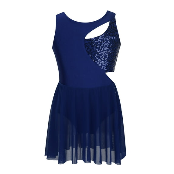 YiZYiF Girls Shiny Sequins Ballet Skirted Leotard Asymmetrical Figure Skating Dress