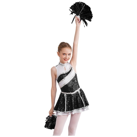 YiZYiF Girls Shiny Sequins Cheer Leader Uniform Outfit Juniors Sleeveless Zip-Up Cheerleading Dance Dress Black-A 14
