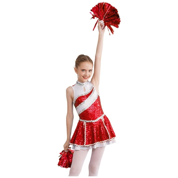 YiZYiF Girls Shiny Sequins Cheer Leader Uniform Outfit Juniors Sleeveless Zip-Up Cheerleading Dance Dress Red-A 12