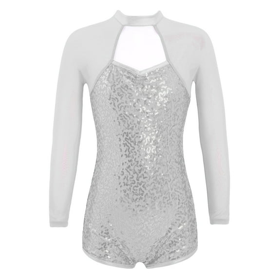 YiZYiF Girls Shiny Sequins Gymnastic Ballet Leotard Dancewear Athletic Jumpsuit Silver 14