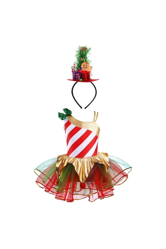 Girls Sleeveless Candy Cane Striped Christmas Dance Dress Ballet Tutu Figure Skating Dresses Red 14