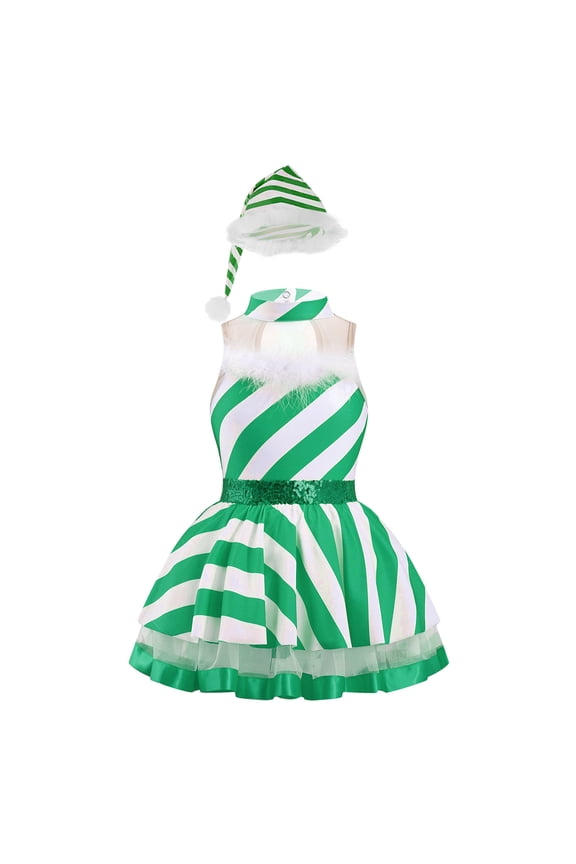 Girls Sleeveless Feather Mesh Splice Ballet Tutu Leotard Christmas Figure Skating Dance Dress Green 16