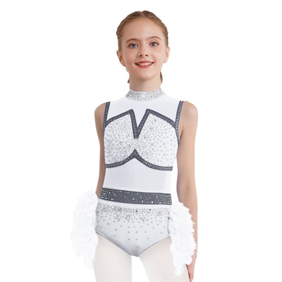 YiZYiF Girls Sleeveless Rhinestone Feather Skirt Dance Bodysuit Modern Jazz Ballet Gymnastics Leotard White 16