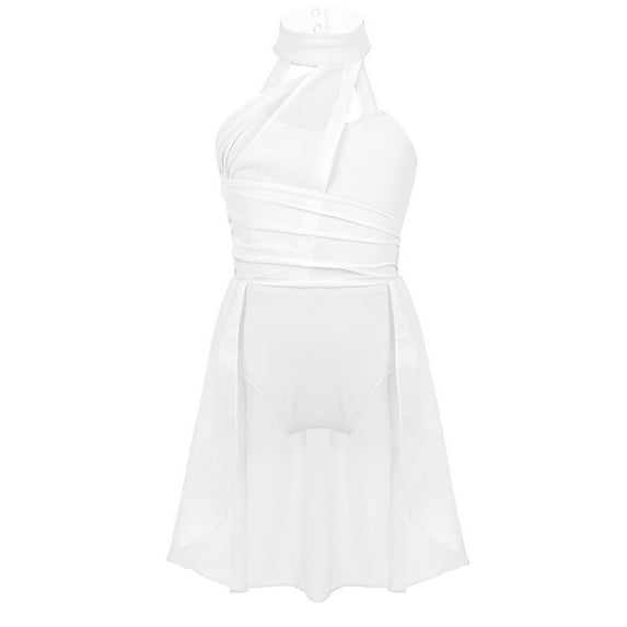 YiZYiF Girls Sleeveless Ruched Chiffon Ballet Dance Leotard Dress Caged Back Lyrical Dance Dresses Ivory 12