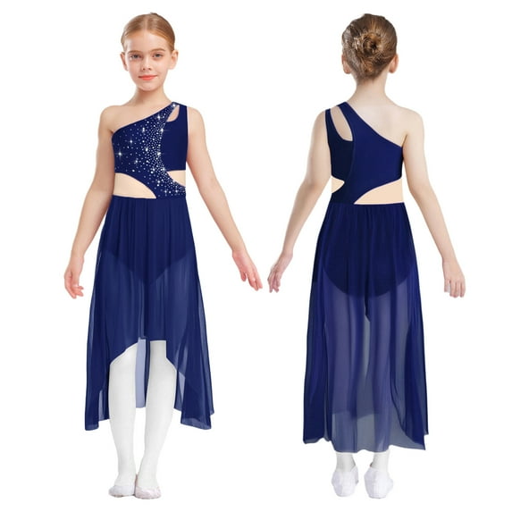 YiZYiF Girls Solid Color Lyrical Dance Costume Sleeveless Shiny Rhinestone Mesh Modern Dancing Dress Diamond Navy Blue 10