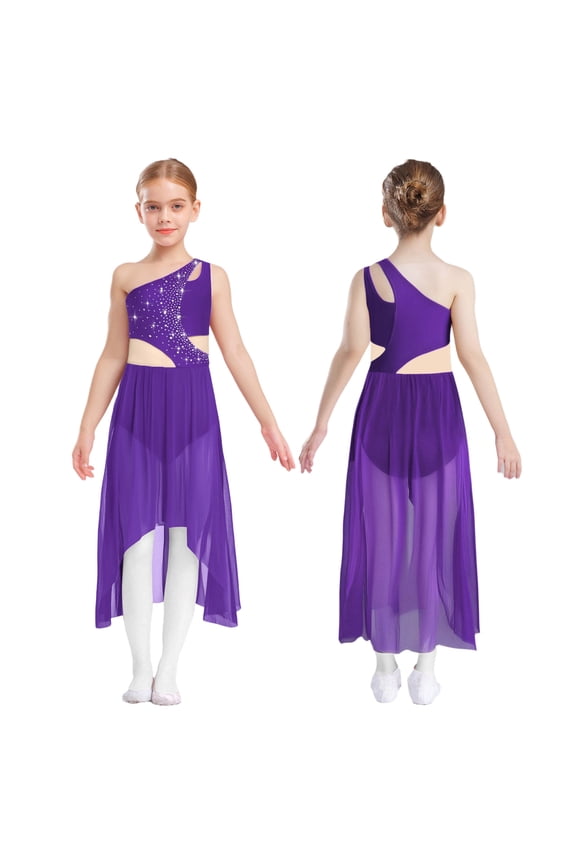 Girls Solid Color Lyrical Dance Costume Sleeveless Shiny Rhinestone Mesh Modern Dancing Dress Diamond Purple 12