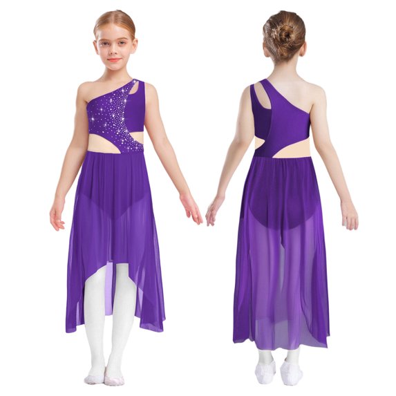 YiZYiF Girls Solid Color Lyrical Dance Costume Sleeveless Shiny Rhinestone Mesh Modern Dancing Dress Diamond Purple 12