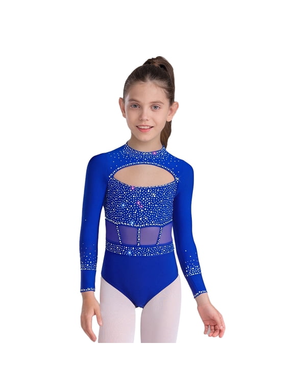 Girls Sparkly Long Sleeve Ballet Dance Leotard Gymnastics Workout Tumbling Skating Unitard Royal Blue 6