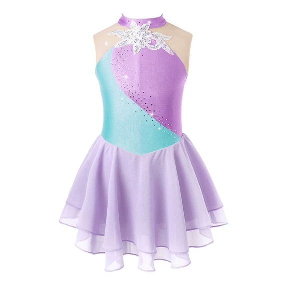 YiZYiF Girls Sparkly Rhinestone Mesh Splice Ballet Gymnastics Leotard Figure Skating Dress