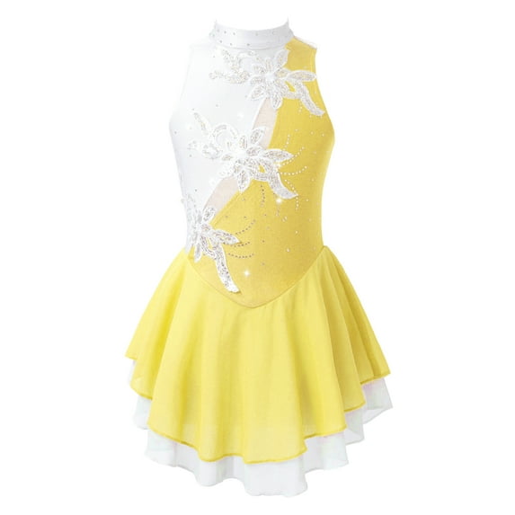 YiZYiF Girls Sparkly Rhinestone Mesh Splice Ballet Gymnastics Leotard Figure Skating Dress