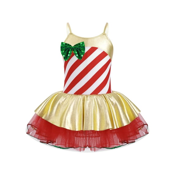 YiZYiF Girls Striped Sequins Dance Leotard Figure Ice Skating Tutu Dress Christmas Mrs Santa Claus Red 8