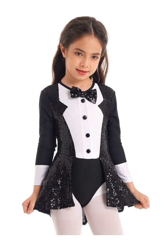 Girls Tuxedo Ballet Dress Bow Tie Sequins Dance Gymnastics Leotard Modern Jazz Dance Costume Black 10