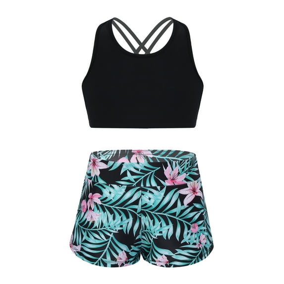 YiZYiF Girls Two Piece Activewear Floral Print Tank Top with Athletic Shorts Outfit Set Black&Green 16