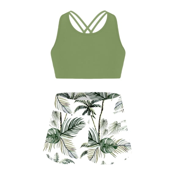 YiZYiF Girls Two Piece Activewear Swimwear Floral Print Tank Top with Athletic Shorts Outfit Set Green Coconut Tree 14