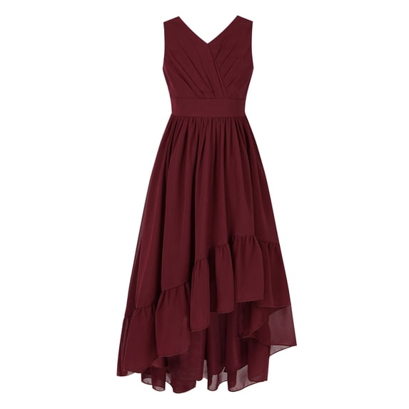 YiZYiF Girls V Neck Sleeveless Chiffon Wedding Party Dress Pleated Ruffle High-low Hem Dresses