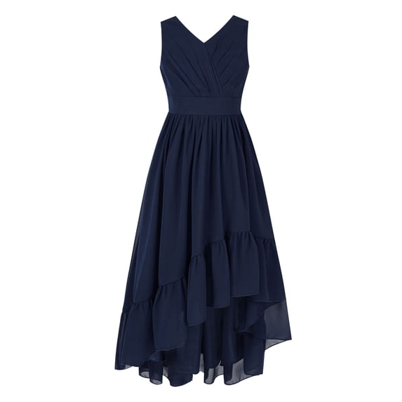 YiZYiF Girls V Neck Sleeveless Chiffon Wedding Party Dress Pleated Ruffle High-low Hem Dresses Navy Blue 10