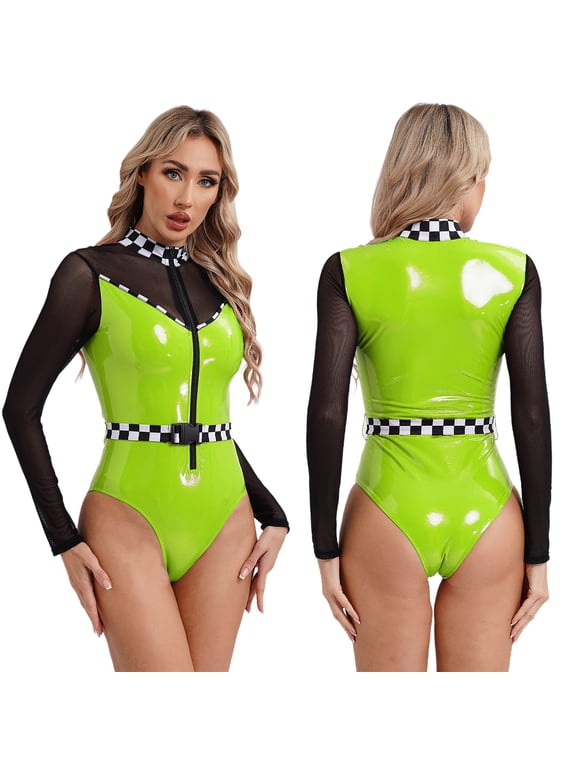 Halloween Race Car Driver Costume for Women Patent Leather Bodysuit with Belt Night Club Wear Green XL