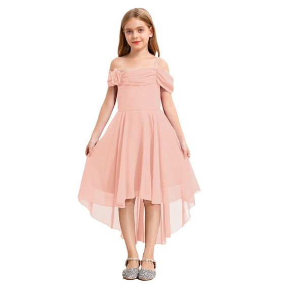 YiZYiF Kid Girl Off Shoulder Flower Girls Dress High Low Hem Wedding Birthday Party Dress Evening Orange Pink 10