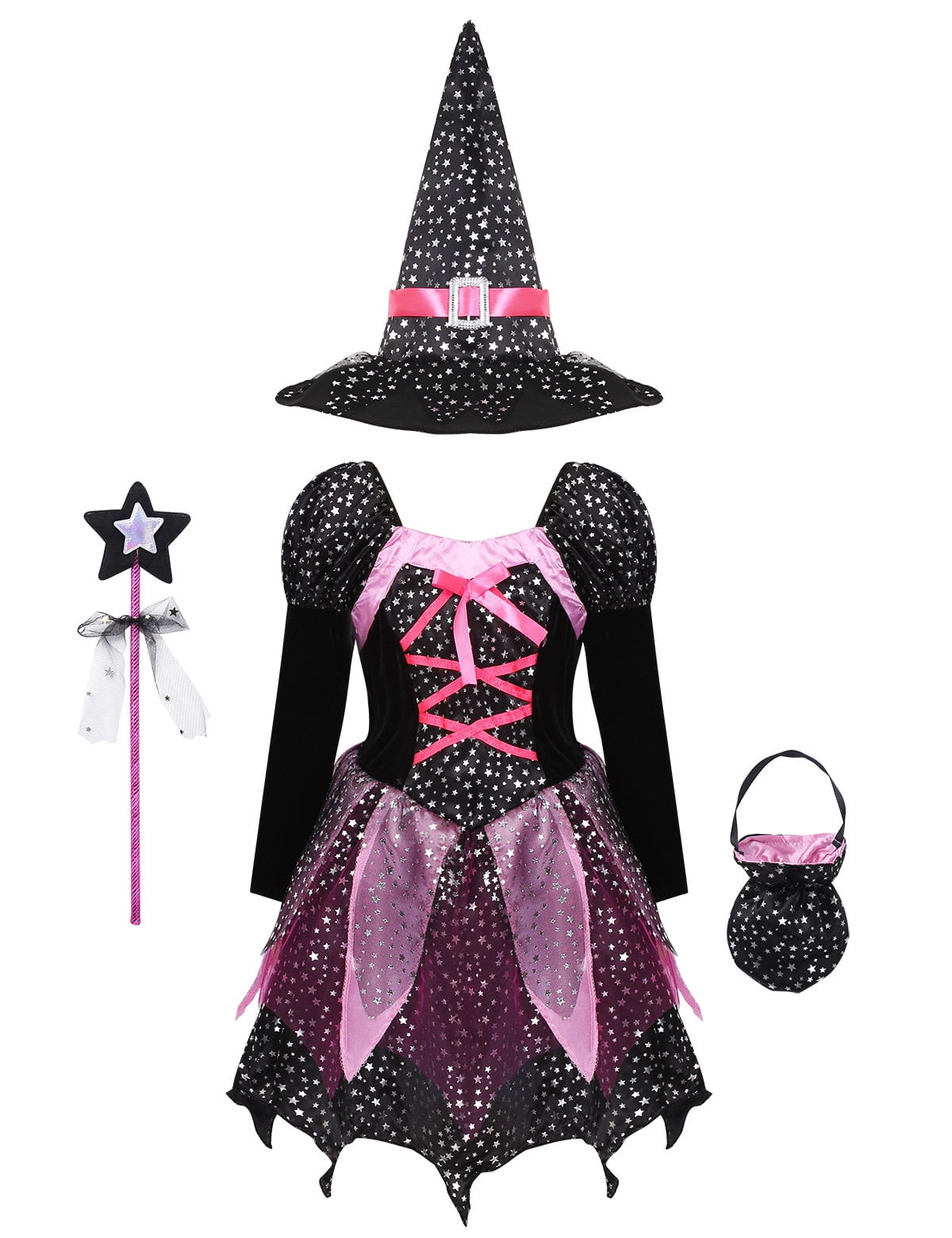 HIHCBF Girls Halloween Witch Costume - Witch Hat & Printed Dress Outfit For Kids 6-7T