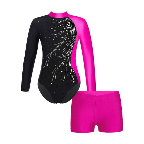 YiZYiF Kid Girls Mock Neck Gymnastics Dance Leotard with Shorts Outfit Ballet Yoga Suit,Sizes 6-14