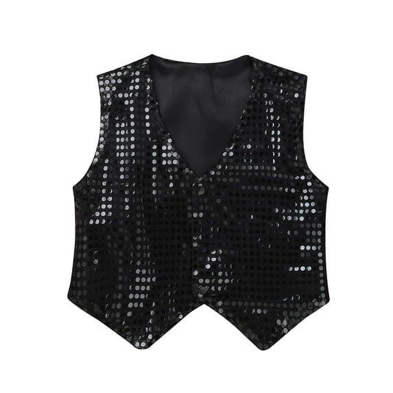 YiZYiF Kids Big Boys Sequined Vest Costume Glittery Waistcoat for Choir Jazz Dance Performance Black 8-9