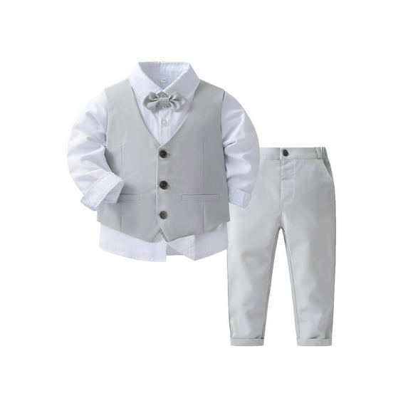 YiZYiF Kids Boys 4 Piece Gentleman Outfit Long Sleeve Shirt with Bowtie Pointed Hem Vest and Long Pants Suit