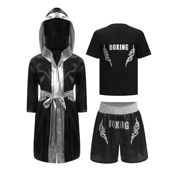 YiZYiF Kids Boys Boxing Kickboxing Fighter Outfits Long Satin Hooded Cloak Athletic Shirt Boxer Shorts Black&Silver 6